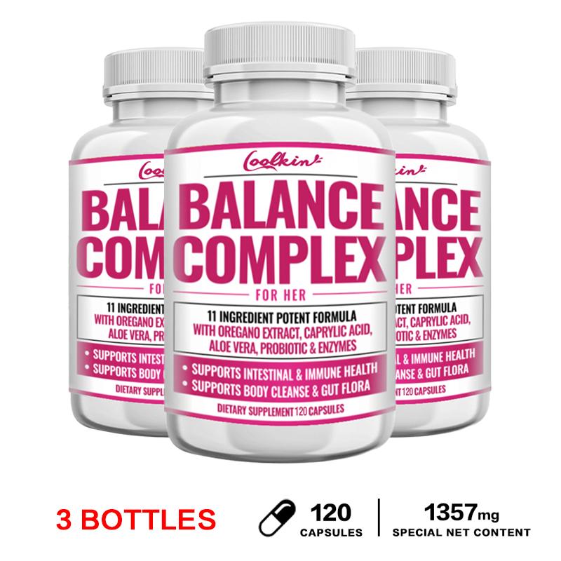 Coolkin Complex Capsules, containing oregano, aloe vera extract, probiotics, and digestive enzymes, suitable for adults.
