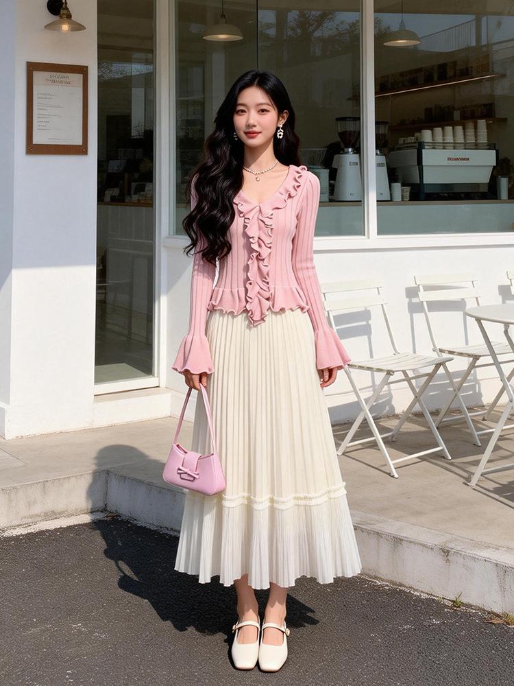 Gonna Lunga in Garza Rosa Dolce Fei Yuan: Moda Primaverile da Donna, Versatile Colore Unico Pieghettato Drappeggio.