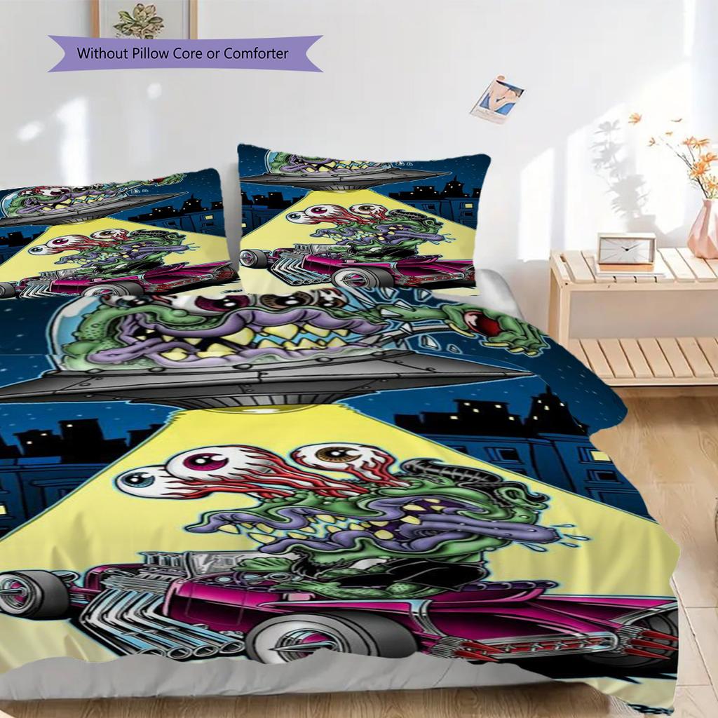 Alien Invasion Monster Car Chase Threepiece Set 1 Duvet Cover 2 Pillowcase Without Core Soft And Comfortable Duvet Cover And Pillowcase