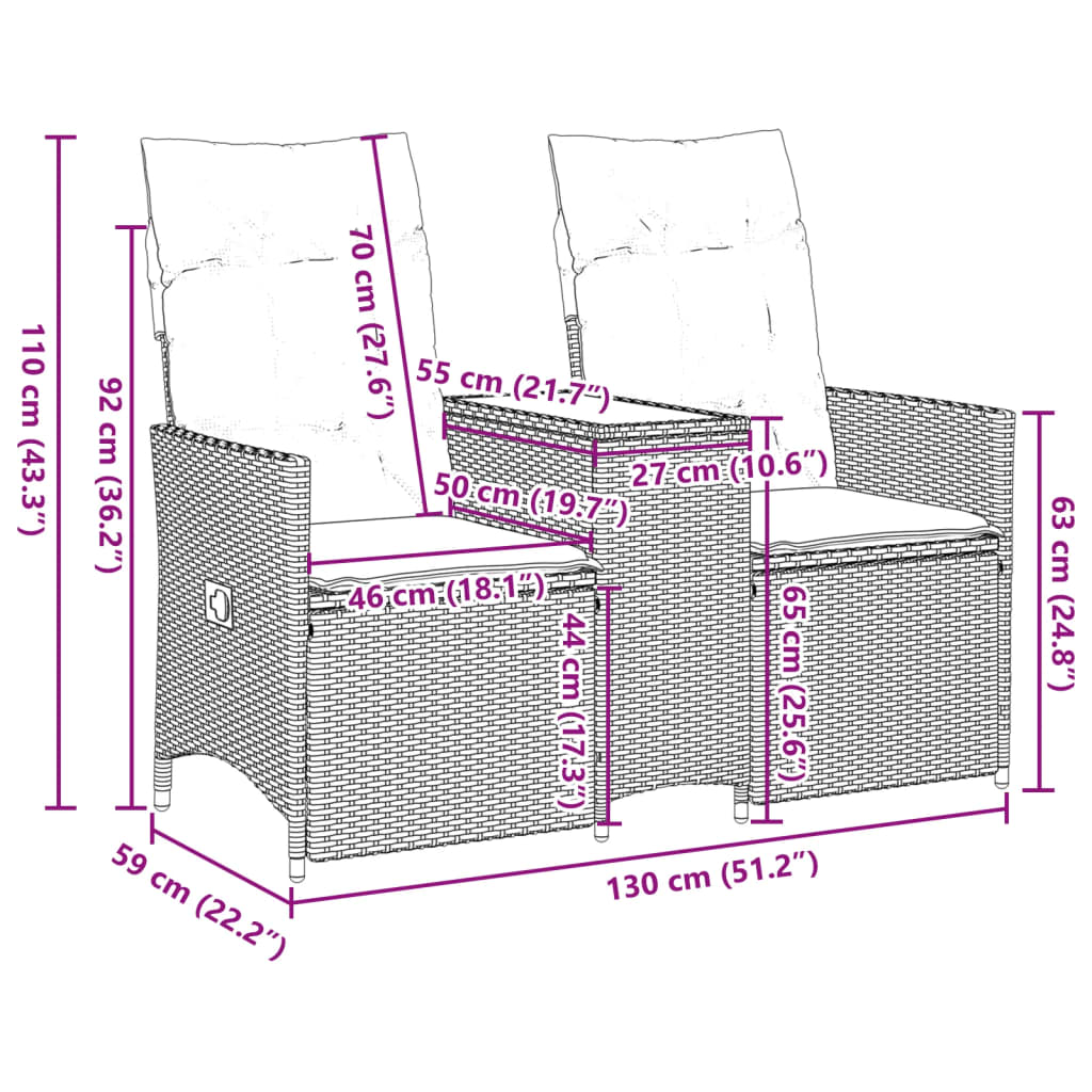 2 Seater Adjustable Garden Sofa with Table Brown Poly Rattan