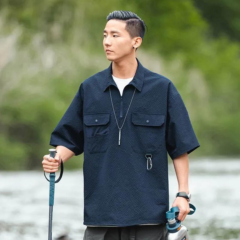 Herren Funktionsshirt für draußen, Oversized, mit halbem Reißverschluss, kurzärmlig, mit Taschen