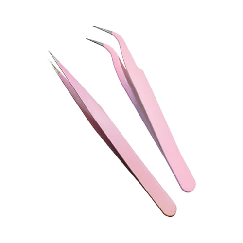 ALLVD False Eyelash Tweezers, Set of 2, Precision, Thick, Straight, Elbow, Stainless Steel, Ideal for Fine Hair and Mascara (Pink)