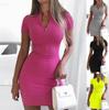 Turtleneck Short Sleeve Pocket Hip Dress Zipper Dress for Women