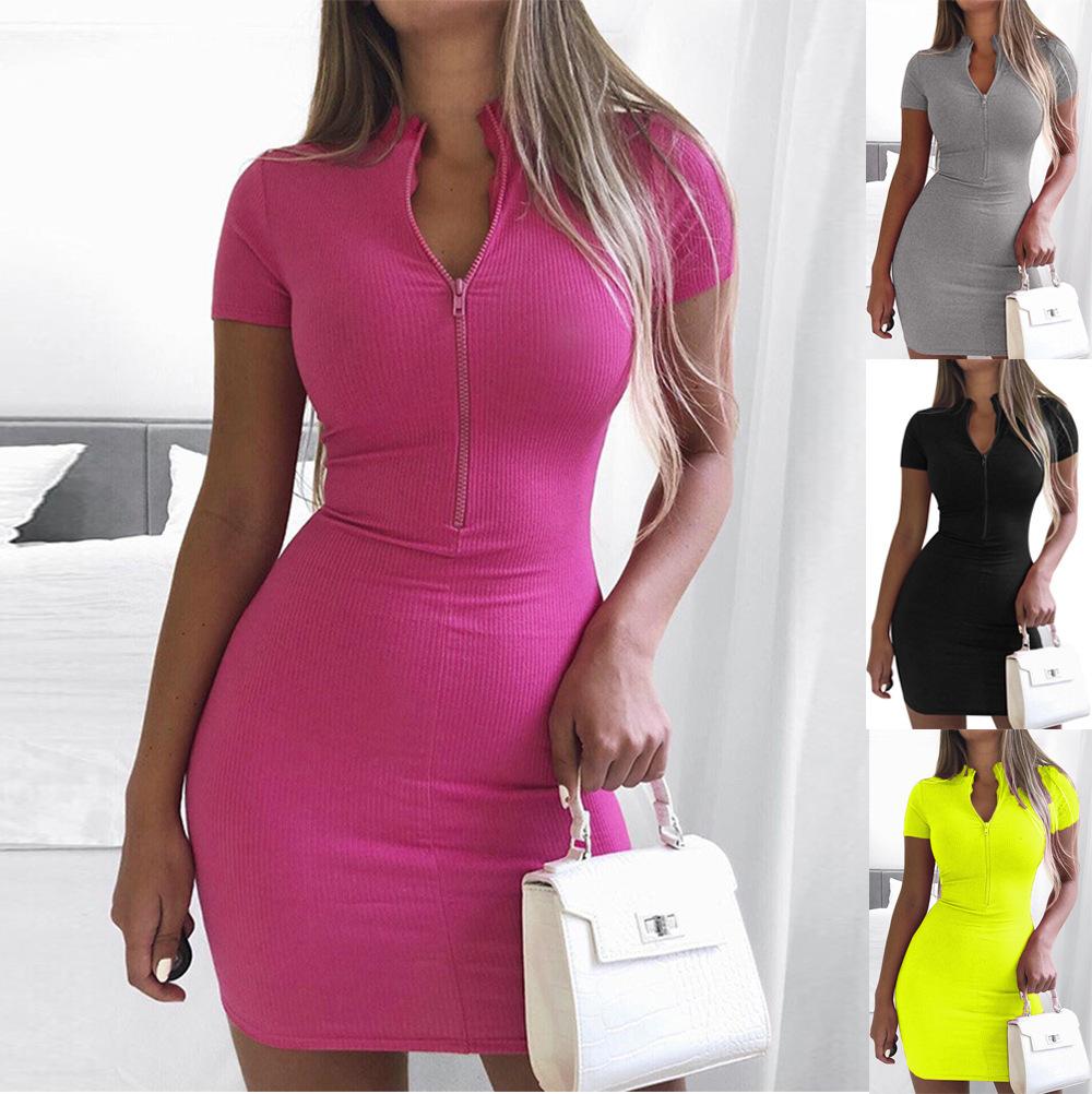 Turtleneck Short Sleeve Pocket Hip Dress Zipper Dress for Women