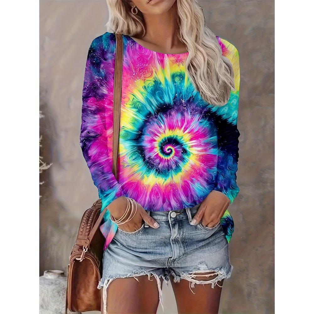 Fashionable Casual Round Neck Long Sleeved T-shirt Soft Comfortable Vintage Versatile Loose Creative Colorful Striped 3d Printed Women's T-shirt