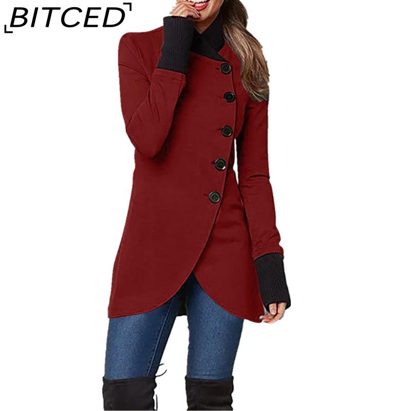 BITCED Women's  Autumn/Winter Solid-Colour Single-Breasted Long-Sleeved Coat with Patchwork Hem and Slit
