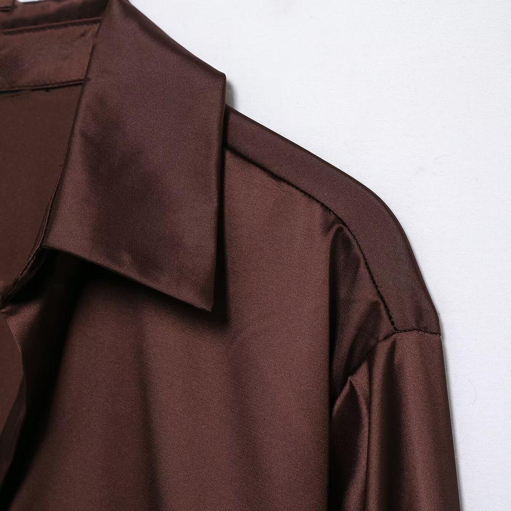 2025 Spring Women's Elegant Silk Satin Lapel Shirt - Casual, Loose Fit