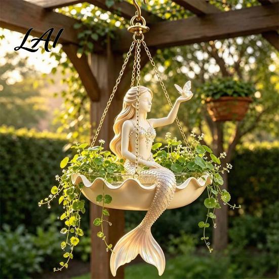 Garden Landscaping Accessories Fairy Ballet Dancer Mermaid Hanging Planter Resin Decorative Flower Pot with Metal Chain Hand Carved Planter Outdoor