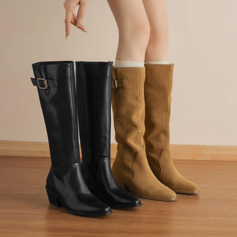 Autumn and winter women's leather boots leather large size women's boots medium heel round head versatile square heel rubber thick-soled sleeve hig