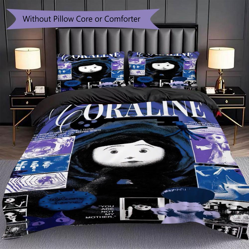 1PC Coraline Pattern Bedding Quilt Set Quilt Cover Pillowcase Home Decoration Birthday Gift (1 * Duvet Cover + 2 * Pillowcase, Without Core)
