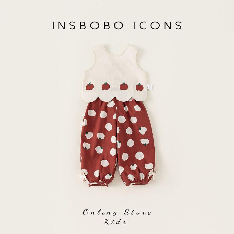 Insbobo Girl Suit Summer Print Vest Apricot + Red 100