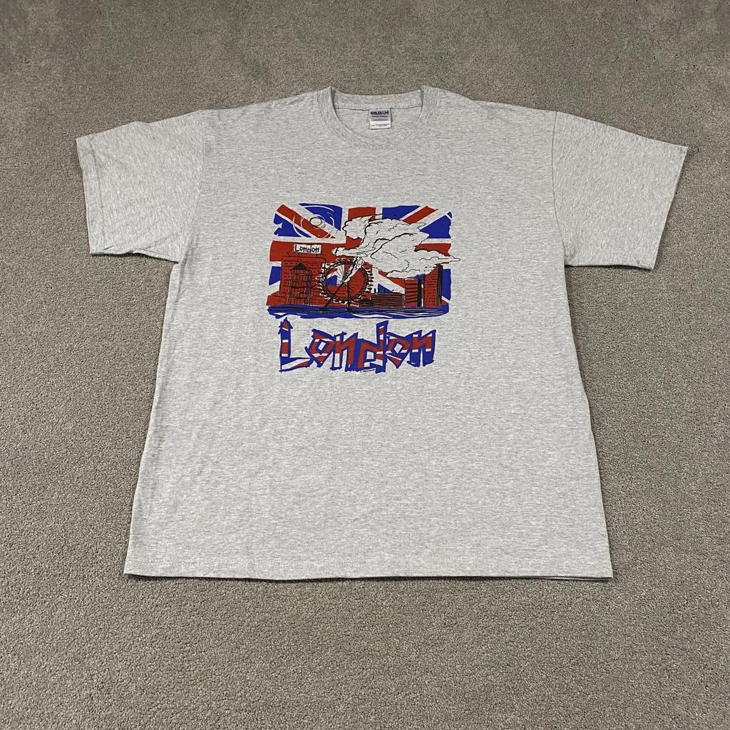 London Union Jack British Flag Graphic T-Shirt Men 2XL Grey Patriotic Streetwear