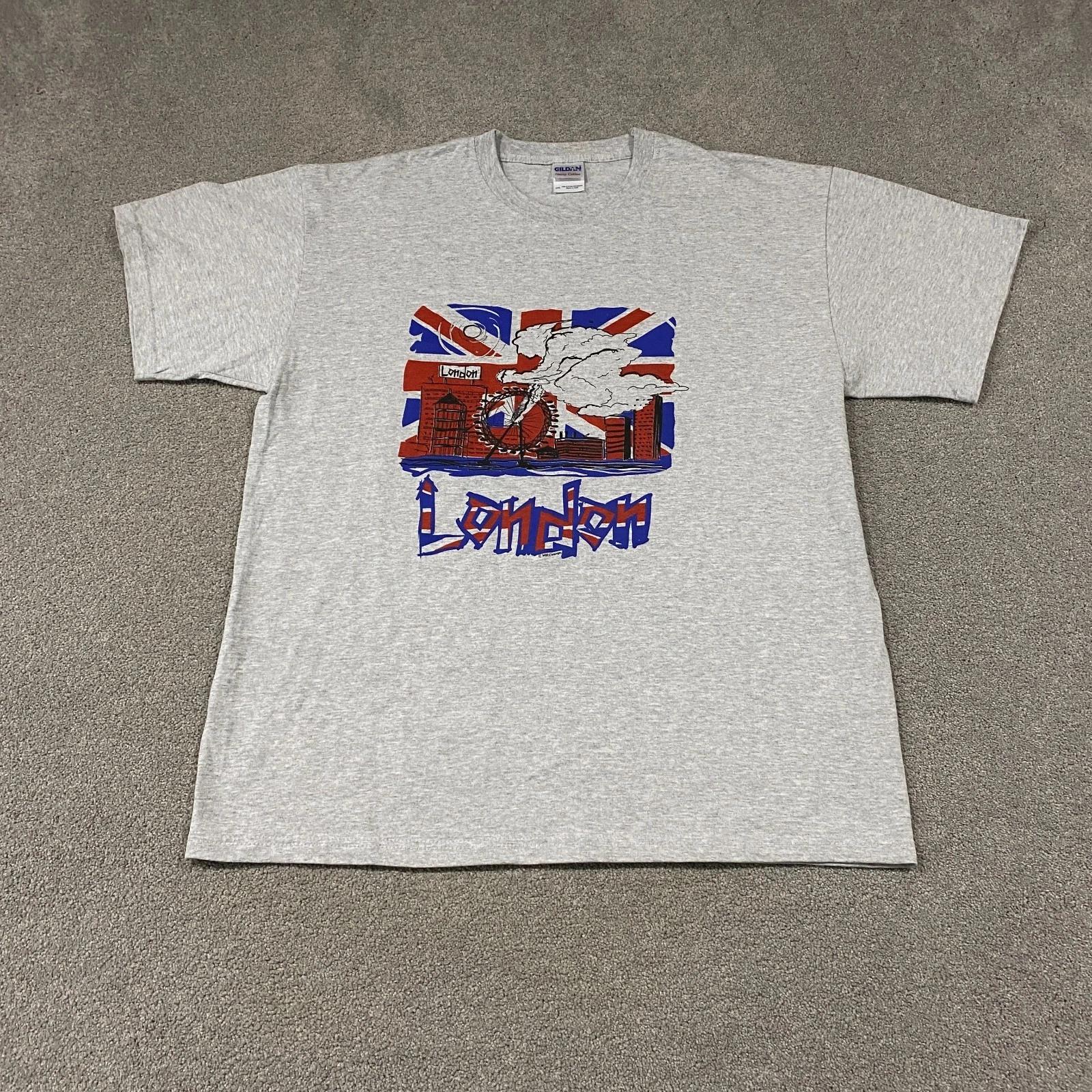 London Union Jack British Flag Graphic T-Shirt Men 2XL Grey Patriotic Streetwear 3XL