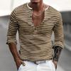 Herren gestreiftes Henley-Shirt Langarm Freizeit Knopfleiste V-Ausschnitt T-Shirt