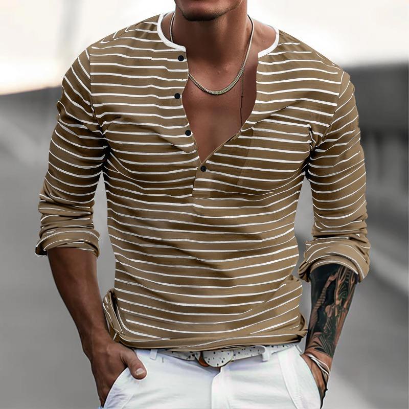 Herren gestreiftes Henley-Shirt Langarm Freizeit Knopfleiste V-Ausschnitt T-Shirt