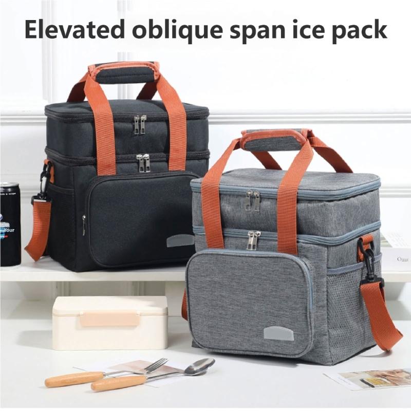 Expandable Double Deck Lunch Box Thermal Leak Proof Food Bag with Oversized Cup Pocket and Adjustable Strap