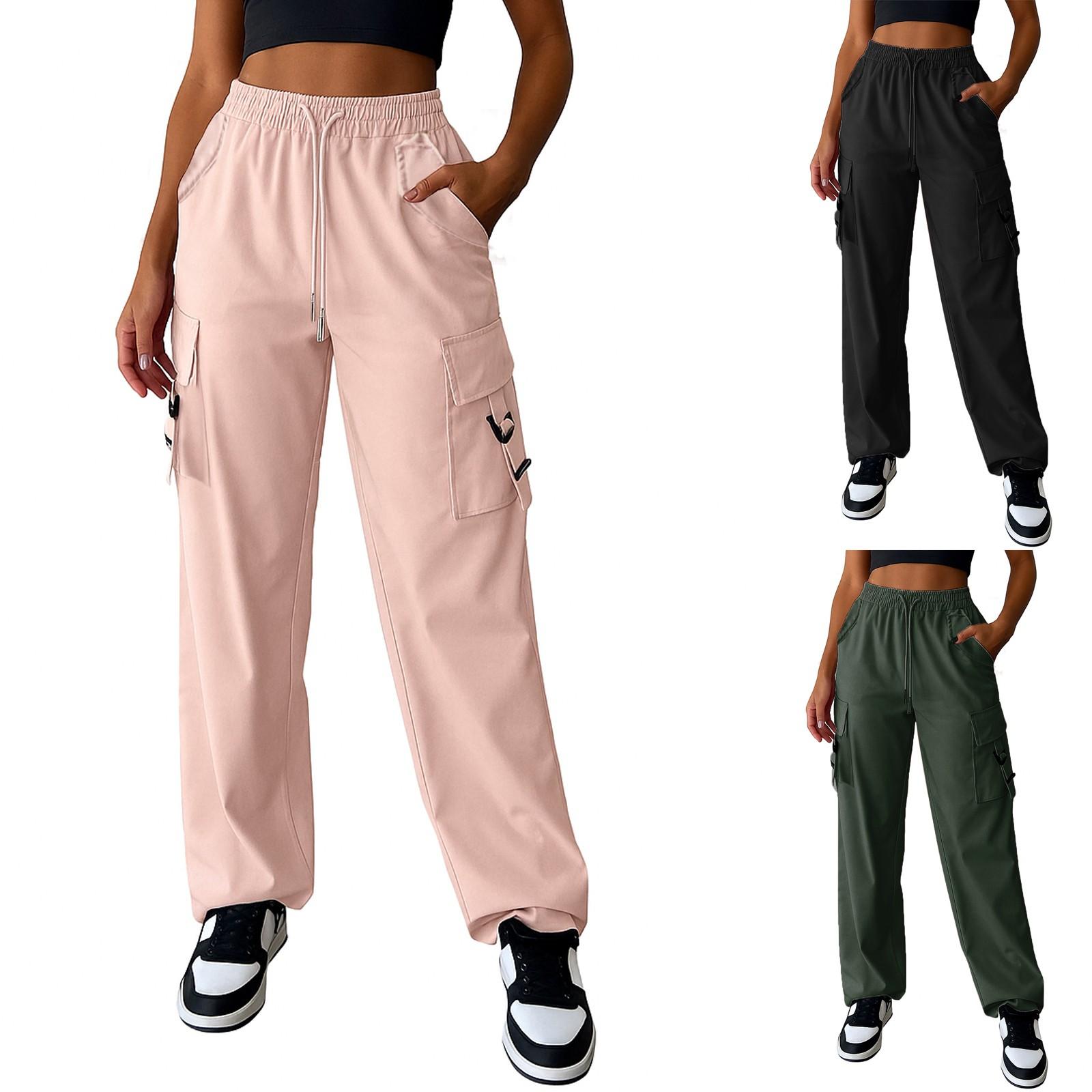 

Ladies Fashionable Solid Color Straight Leg Pants With High Waist Pockets And Elastic Waist Casual Pants L чорний