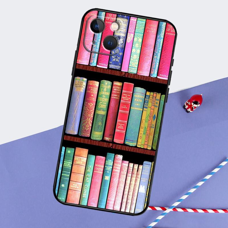 Vintage BOOK Bookworm Bookshelf Phone Case For iPhone 16 Pro 15 Pro 11 12 13 14 Pro Max Mini XR 16e 15 16 Plus Cover Shell
