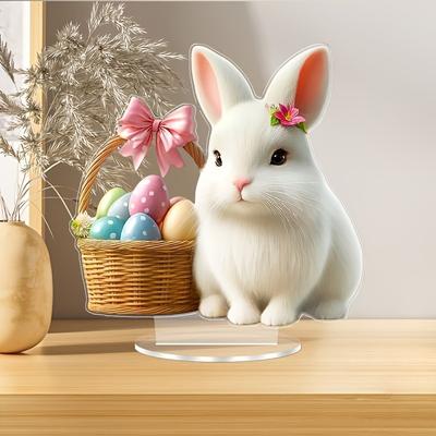 2D Flat Acrylic Cute Rabbit Holding Flower Basket Decoration, Indoor and Outdoor Decoration - No Battery/electricity Required, Free Day Decoration, S