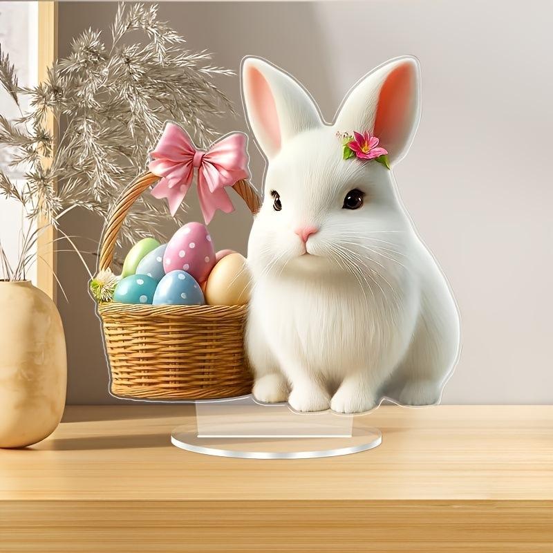 2D Flat Acrylic Cute Rabbit Holding Flower Basket Decoration, Indoor and Outdoor Decoration - No Battery/electricity Required, Free Day Decoration, S