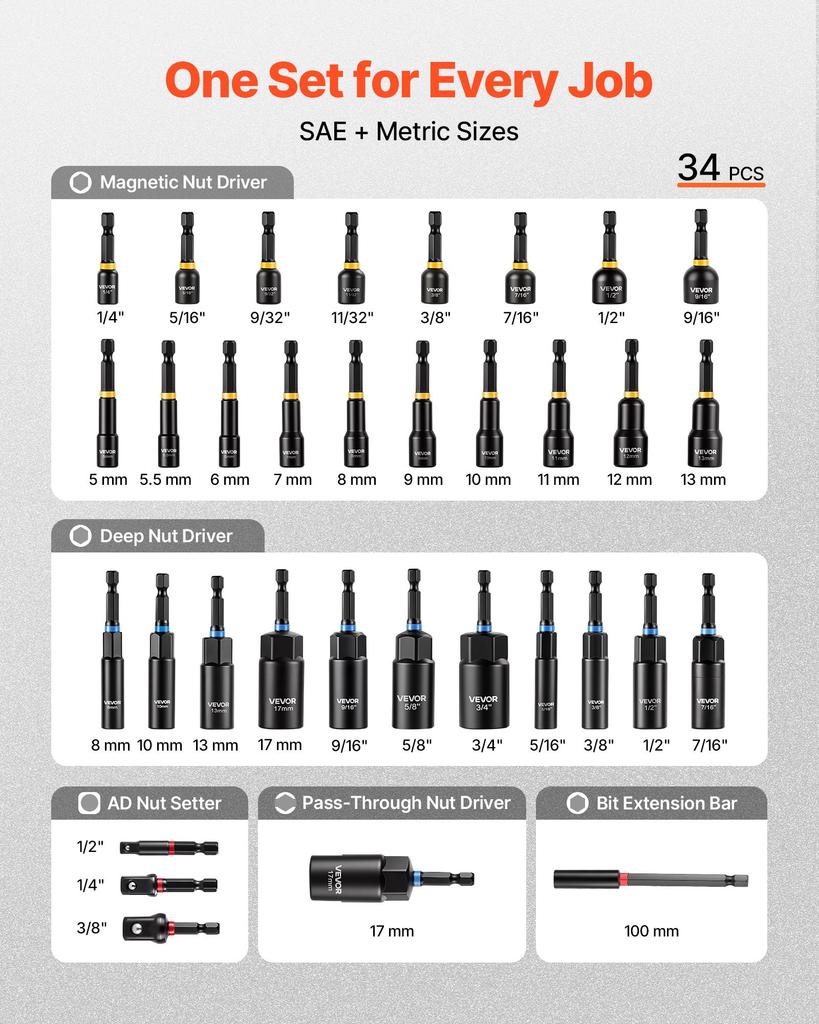 VEVOR Nut Driver Set, 34-Piece, SAE and Metric Sizes, Magnetic Nut Drivers, with AD Setter, Bit Extension Bar, and Carrying Case