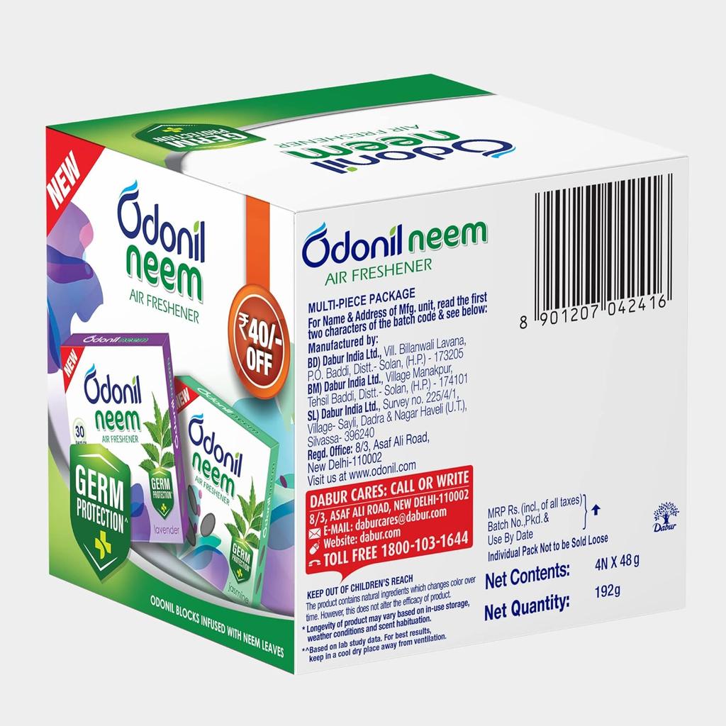 Odonil Neem Toilet Freshener Blocks 192g (48g X 4) Long Lasting Lavender Jasmine Fragrance Germ Protection