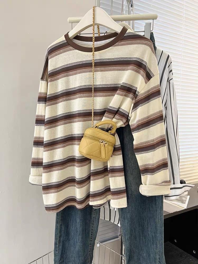 Women's Black Striped Long-Sleeve T-Shirt, Spring/Autumn 2025 Trend, Designer Look, Unique Base Layer, Loose Fit