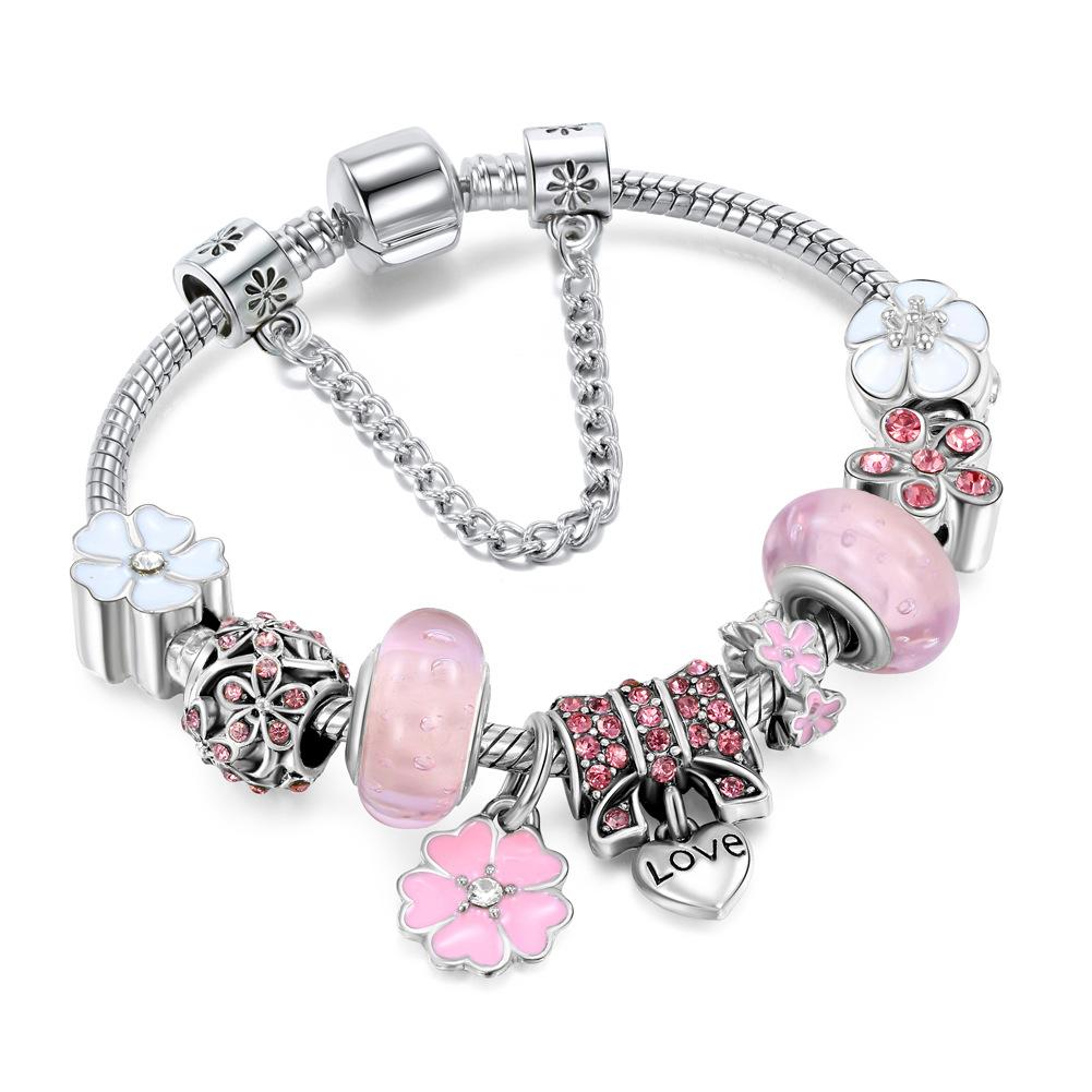 2026 Hot Sale Fashion Jewelry Diy Flower Charm Bracelet Silver Plated Crystal Rhinestone Butterfly Love Pendant Men's Trendy