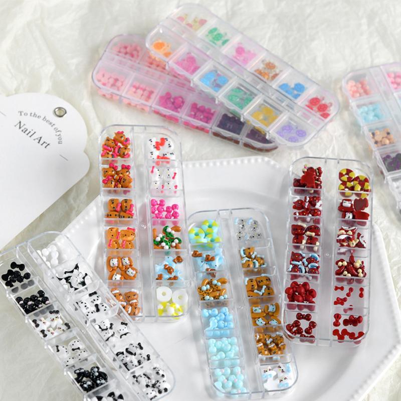 12 Bölmeli/Kutu Mini Fiyonk Tırnak Sanatı Süsleri 3D Sevimli Şeker Rengi Tırnak Takıları Tasarımları Kendin Yap Reçine Tırnak Aksesuarları