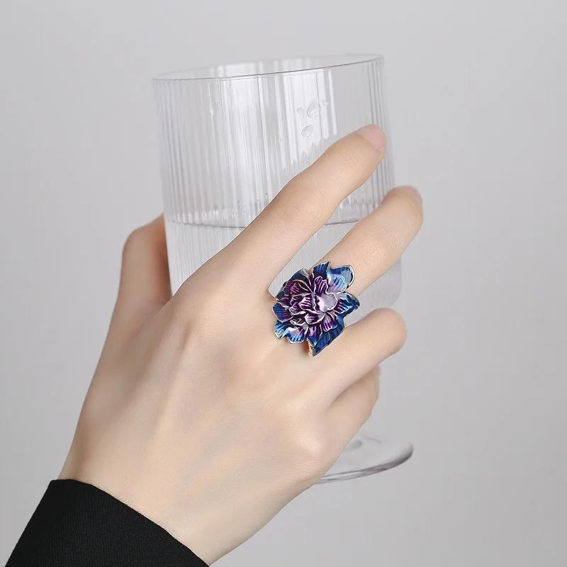 Vintage Ethnic Style Enamel Fired Blue Peony Flower Adjustable Ring for Women  Floral Luxury Party Vacation Jewelry Gifts
