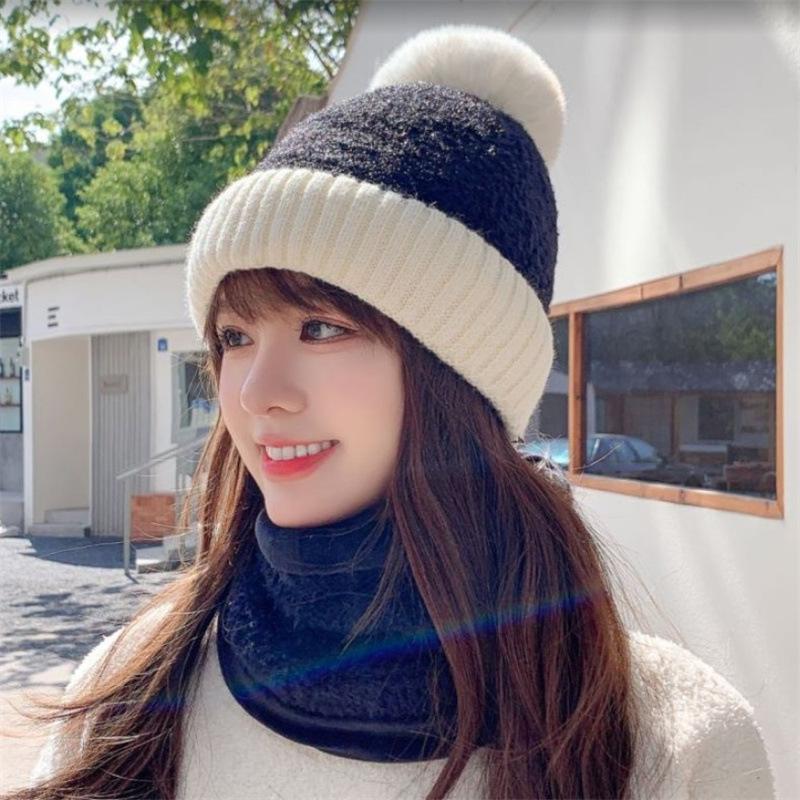 Autumn and Winter Women's Thickened and Velvet Versatile Wool Hat, Scarf, Two-piece Set, Casual Warm and Cold-proof Knitted Hat