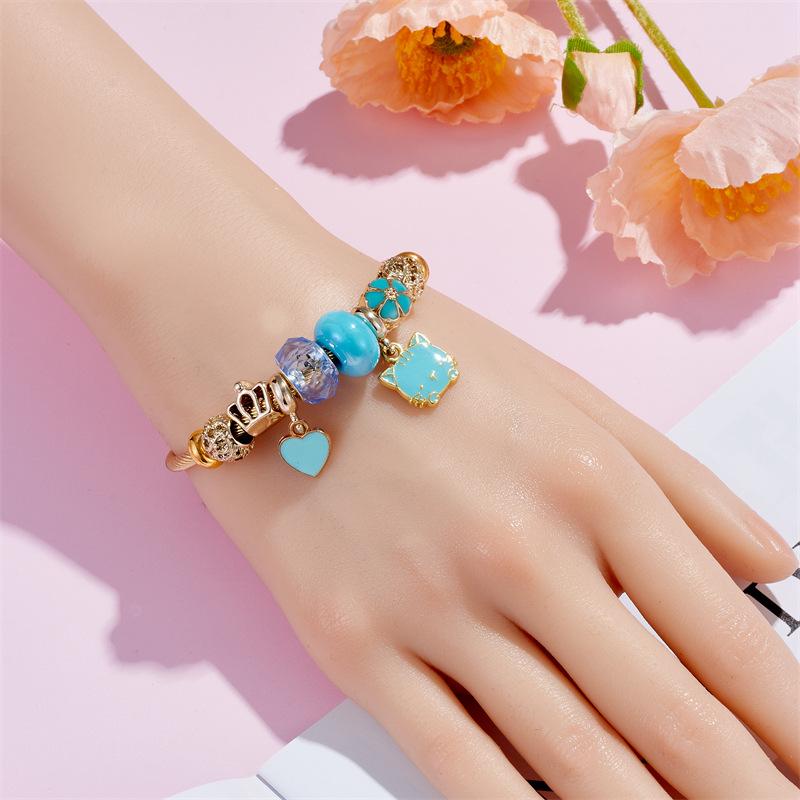 Cute Cat Flower Heart Charm Bracelets for Women Girls Gold Color Stainless Steel Bangle Sweet Accessories Jewelry Birthday Gift