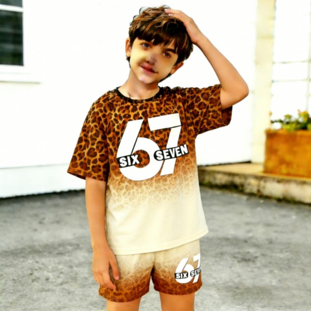 Fashion Leopard 67 Colorful Gradient Printed Kids T-shirt and Shorts 2 Piece Set Summer Casual Outfit for Boy's and Girl's Kids Clothing Top