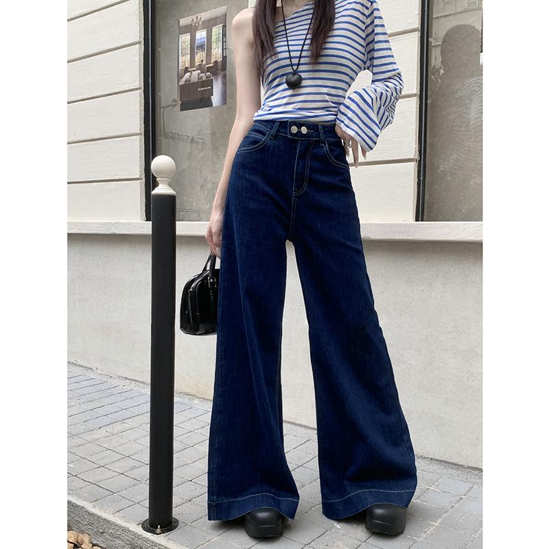 

Персонализированные джинсы-кюлоты с двойной пряжкой в стиле Харадзюку для женской весенне-осенней новой модной и стройнящей моды и джинсы, подметающие пол XL темно-синий