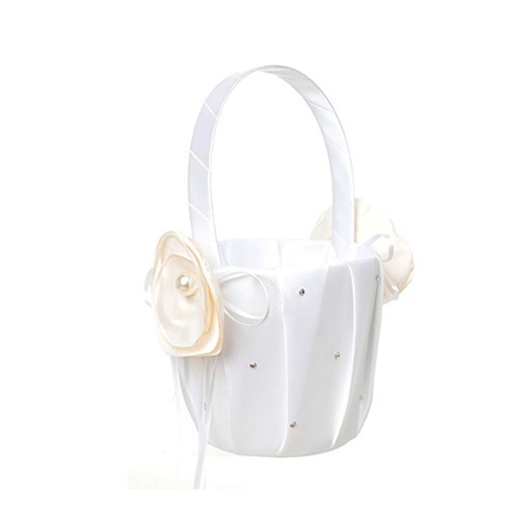 Ringe-Kissen Hochzeit Blumenmädchen Korb Perlen Kunstblumen Weiße Satin Kollektion Kleine Blumenkörbe mit Henkel
