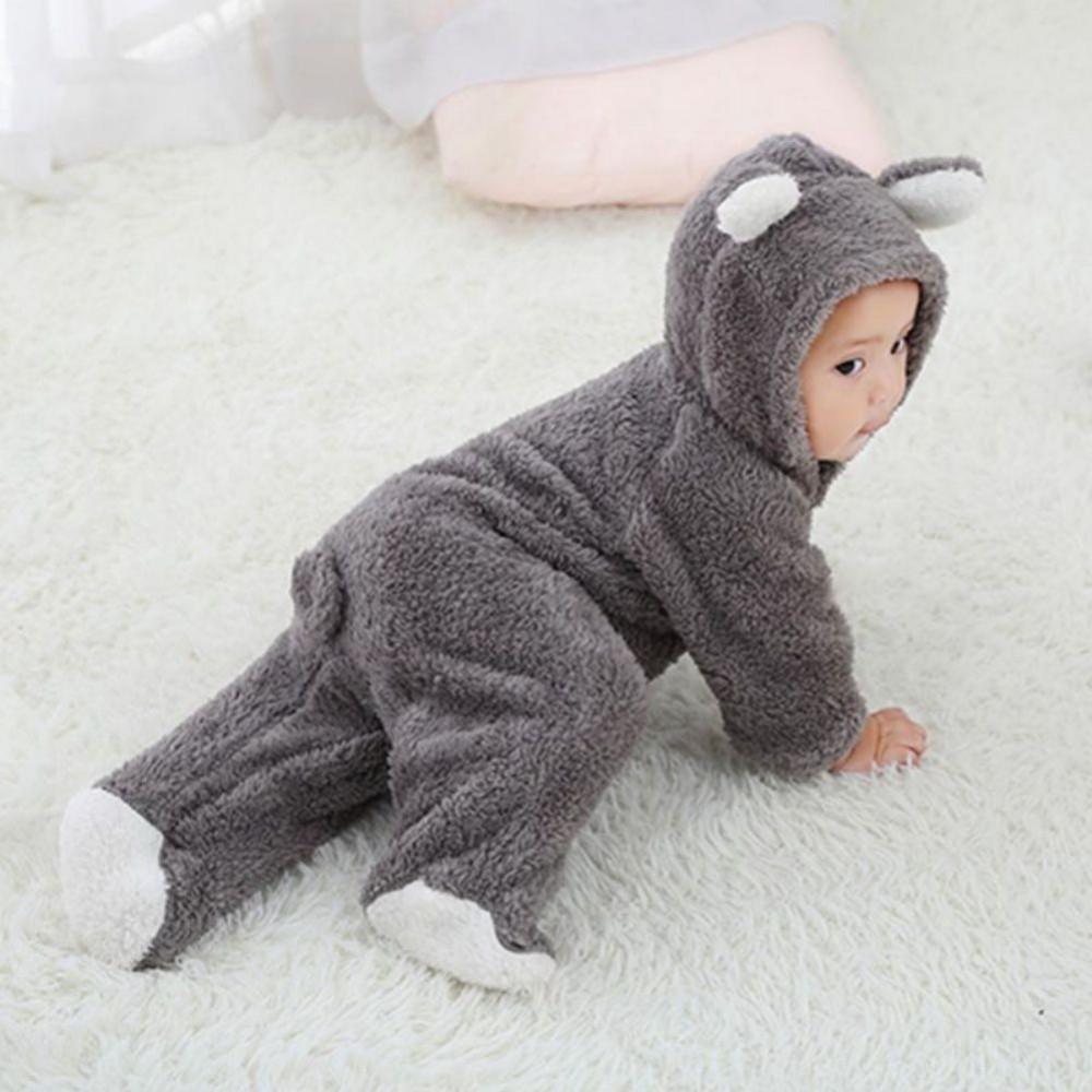 Adorable Hooded Coral Fleece Baby Romper - Long Sleeve, Warm Autumn/Winter One-Piece for Toddlers