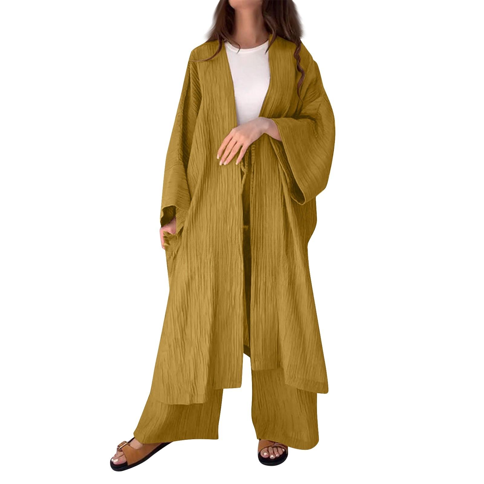 

Женский плиссированный текстурный топ с разрезом и брюки прямого кроя с широкими штанинами, комплект из двух предметов M жёлтый