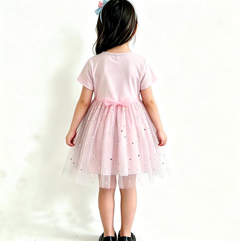 Elsa Princess Dress for Girls: 2026 Pink Frozen Star Mesh Short Sleeve Summer Dress
