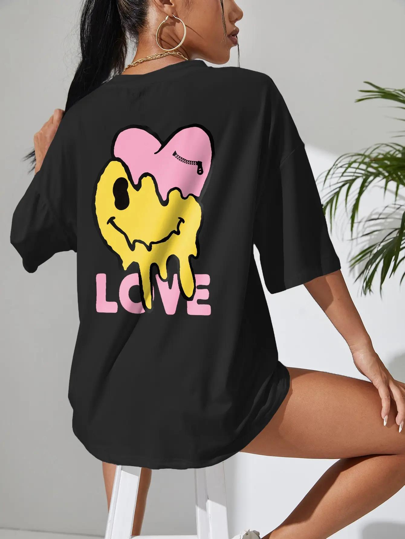 

Футболка Funny Love Smiley женская с круглым вырезом, базовая уличная мода, короткий рукав, повседневная, свободная, спортивная, мягкий хлопок 3XL чёрный