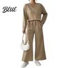 Round Neck Top And Wide-leg Pants Set 2 Pcs/Set Women Suit O Long Sleeves Solid Color Sport Loose Fit Sweatshirt Drawstring Elastic Waist Wide