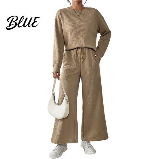 Round Neck Top And Wide-leg Pants Set 2 Pcs/Set Women Suit O Long Sleeves Solid Color Sport Loose Fit Sweatshirt Drawstring Elastic Waist Wide