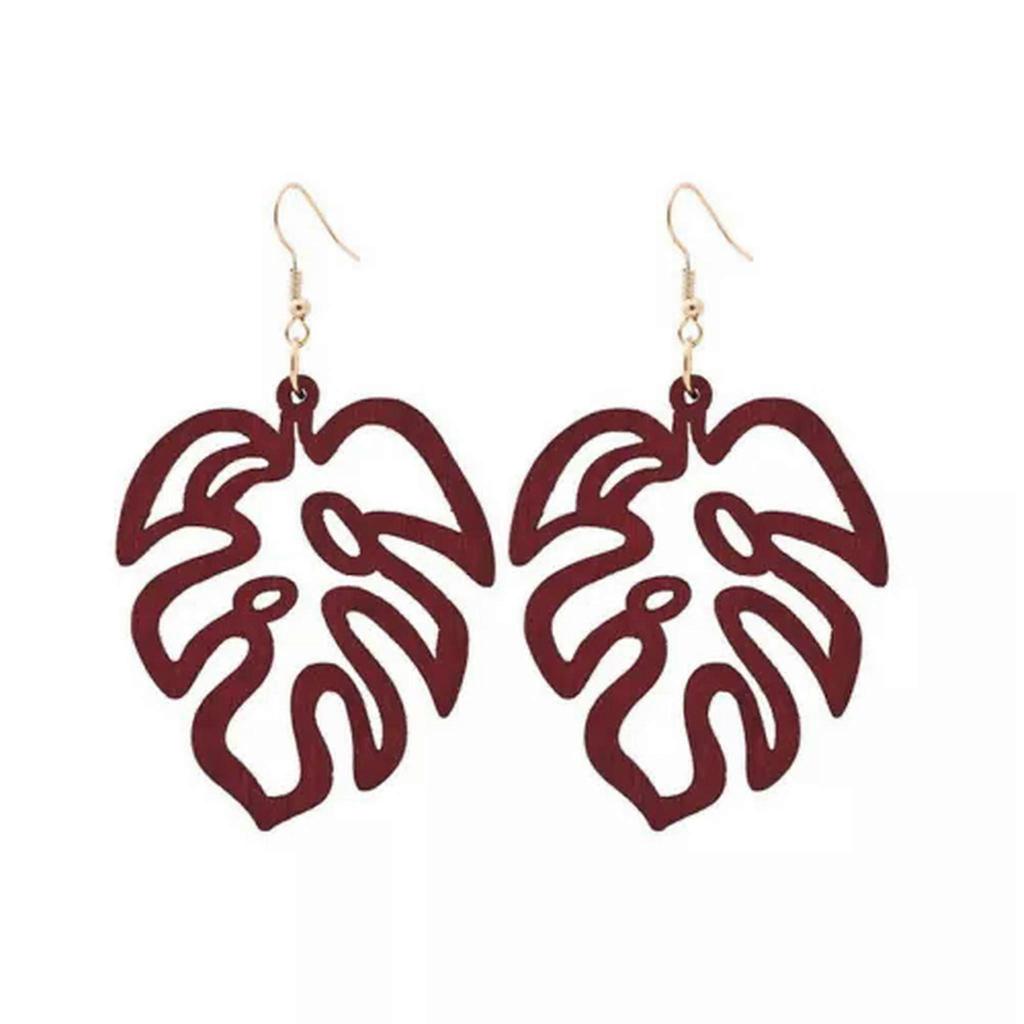 RSAMD Wood Hollow Leaf Statement Earrings for Women Wooden Fashion Unique Jewelry-Red