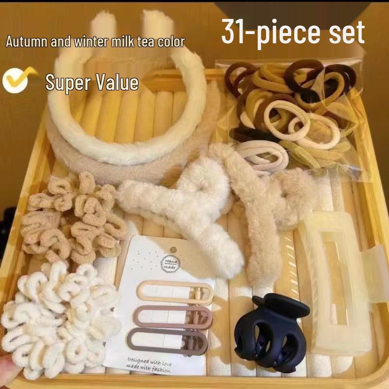 

Набор из 111 предметов осенне-зимних аксессуаров для волос цвета молочного чая: Повязки на голову, Заколки-крабы, Резинки-скранчи, Невидимки, Высокоэластичные резинки для волос