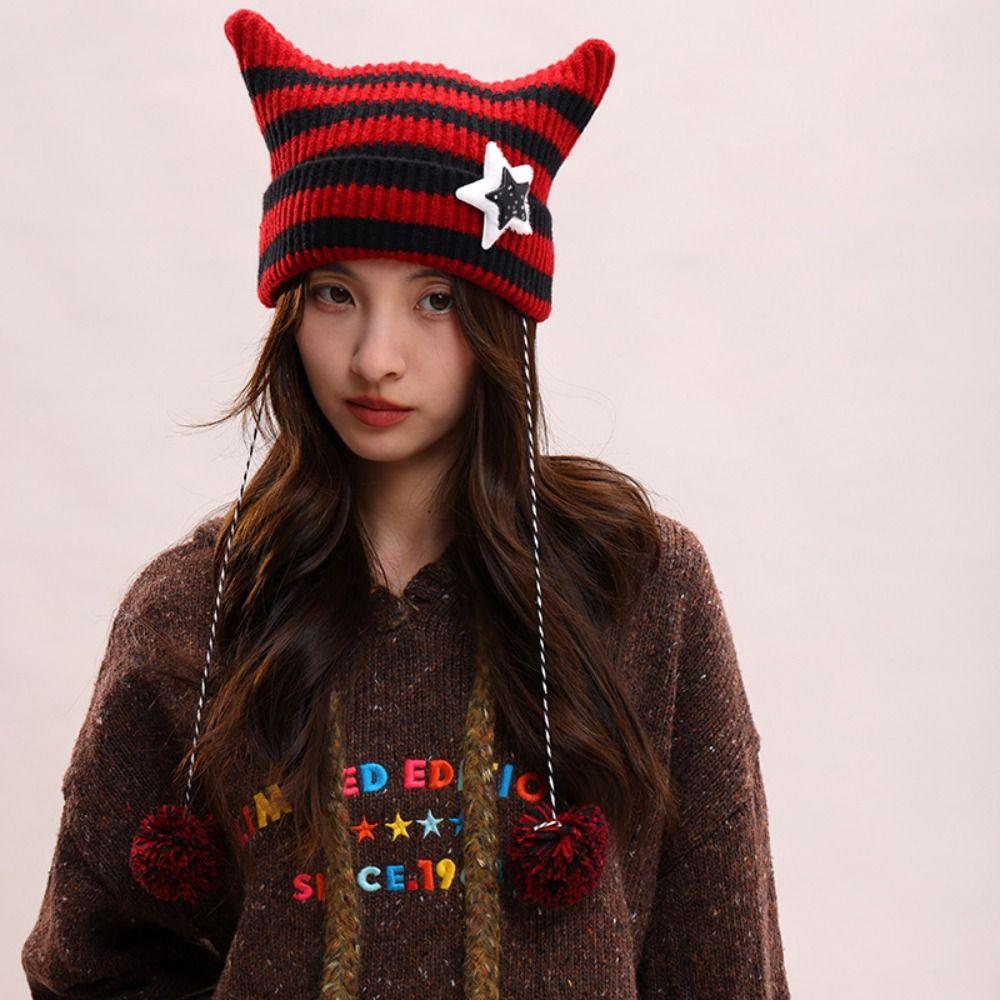 Y2K Cat's Ears Knitted Hat Star Woolen Hat Cute Warm Cap  Women