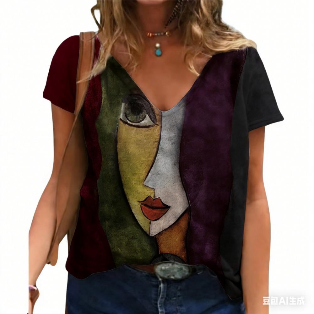 Women's V Neck T-shirt Summer Casual Plus Size Print Tops Loose Vintage Female Tee Streetwear Short Sleeve Clothes