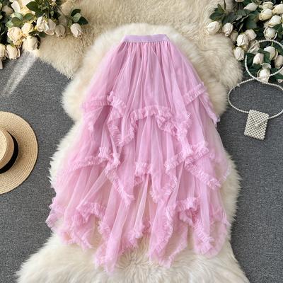 Summer Women Elegant Elastic High Waist Mesh Princess Long Midi Irregular Cake Skirt