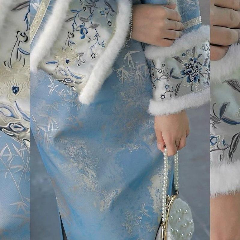 Blue Lady 2026 Winter Qipao: Velvet Plush Collar, Wide Sleeves Dress