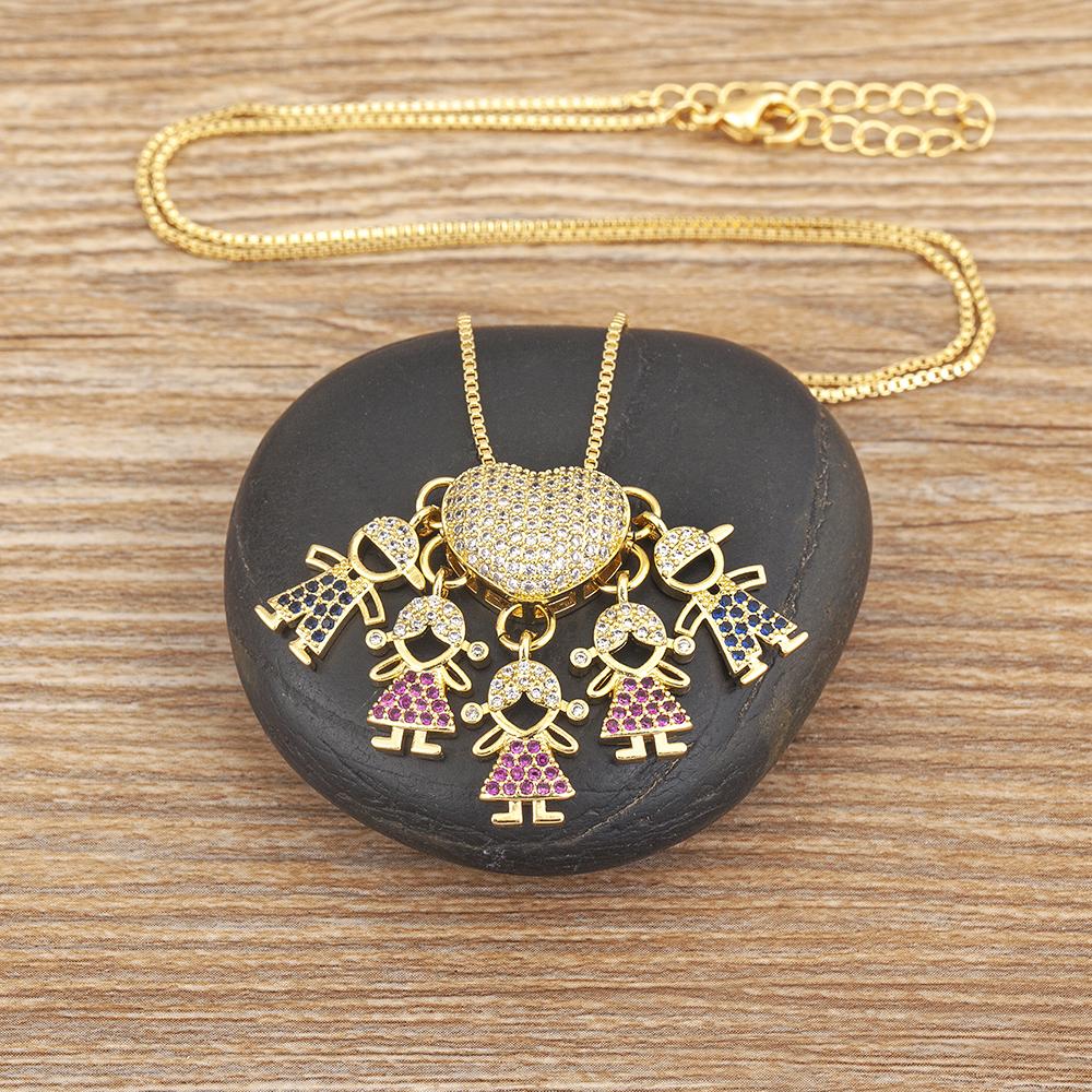 Nidin Personalized Gold Plated Boy Girl Kids Heart Pendant Zircon Necklace Mom Child Birthday Colar Mother's Day Gift Jewelry