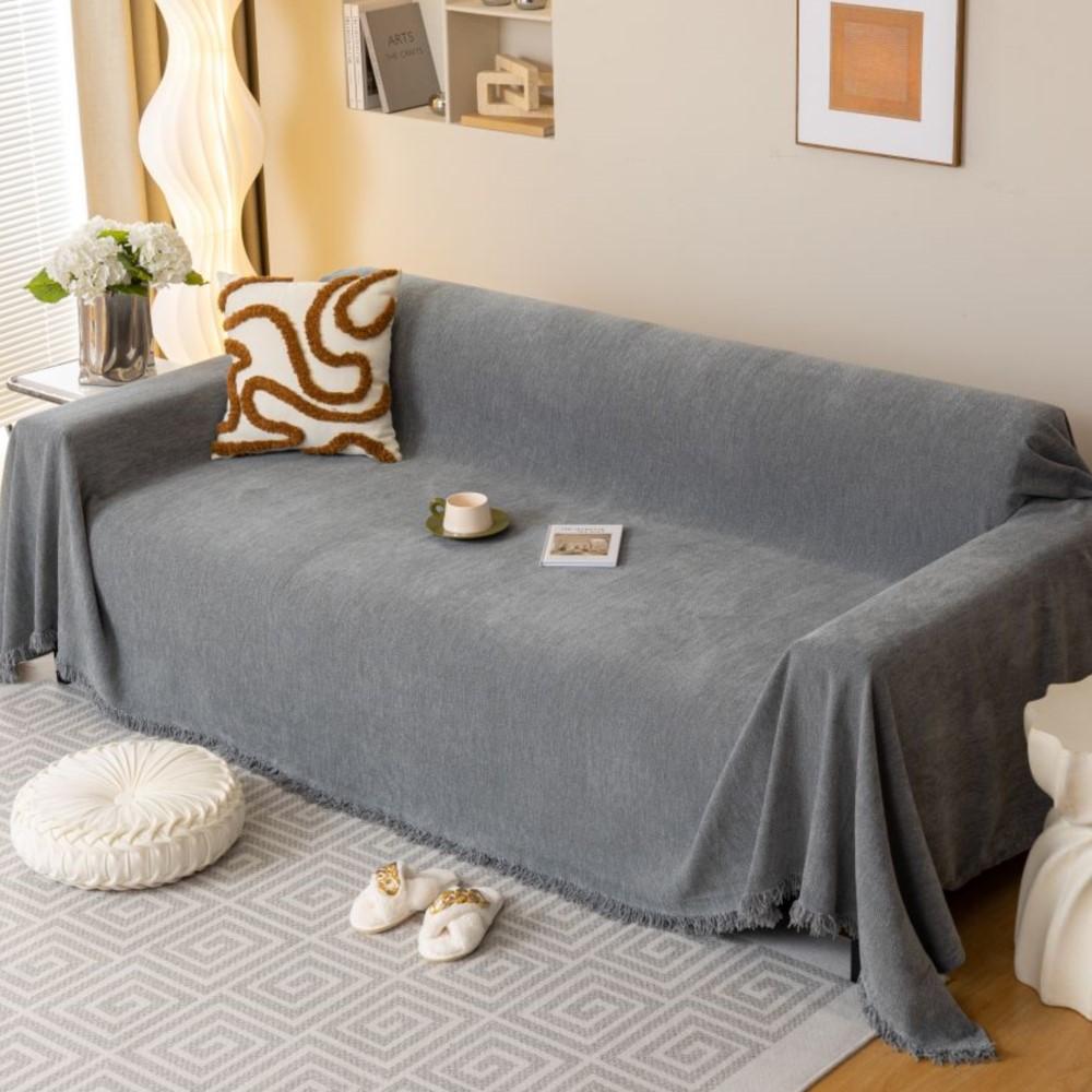 Two-seat Sofa Chenille Reversible Sofa Towel for Decoration Couch Cover With Fringes Throw Blanket Chair Slipcover for Pets Kids