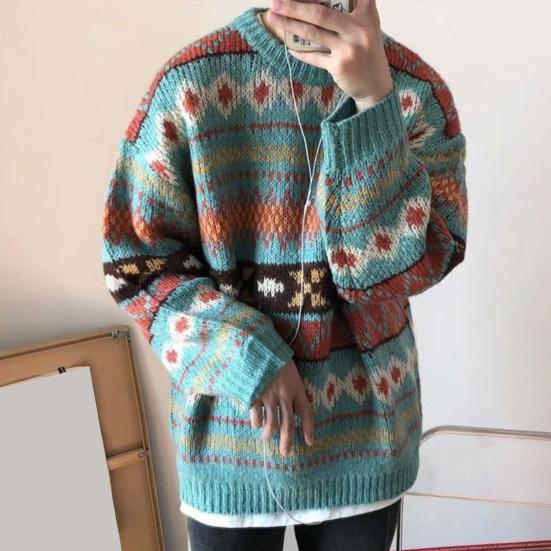 Men Autumn Sweater Geometric Print Colorful Long Sleeves Round Neck Loose Warm Thick O Neck Elastic Spring Sweater for Daily Wear